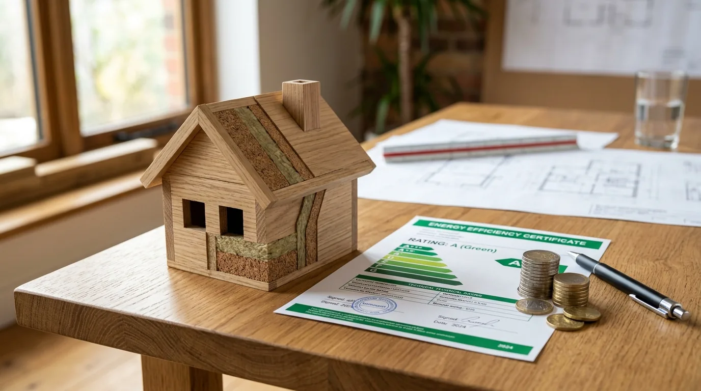 Modelo de vivienda con aislamiento térmico eficiente, certificado energético A y ahorro económico acumulado en euros