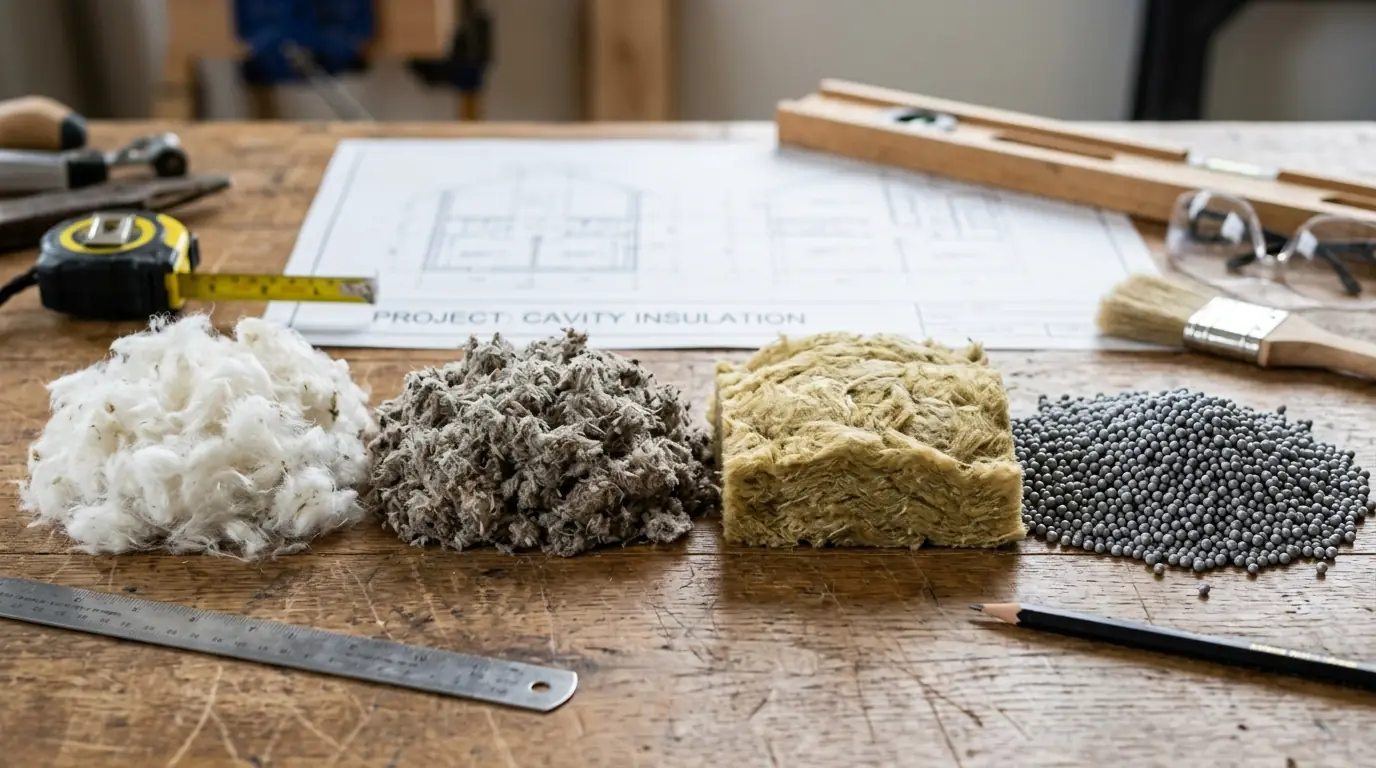 Muestras de materiales para aislamiento insuflado: lana mineral blanca, celulosa gris reciclada, lana de roca y perlas de EPS