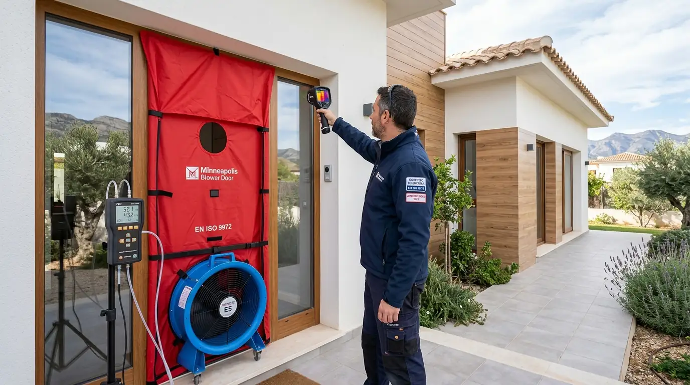 Equipo Blower Door Minneapolis instalado en puerta de vivienda para ensayo de estanqueidad al aire y detección de infiltraciones con termografía infrarroja