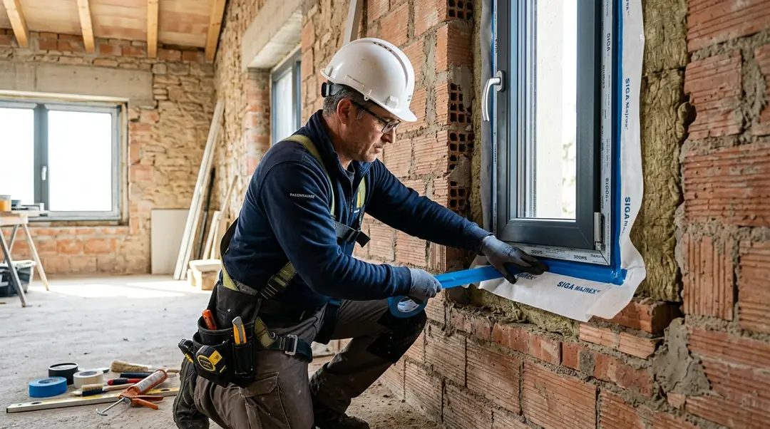 Técnico especialista instalando ventana Passivhaus con cintas de hermeticidad y estanqueidad al aire
