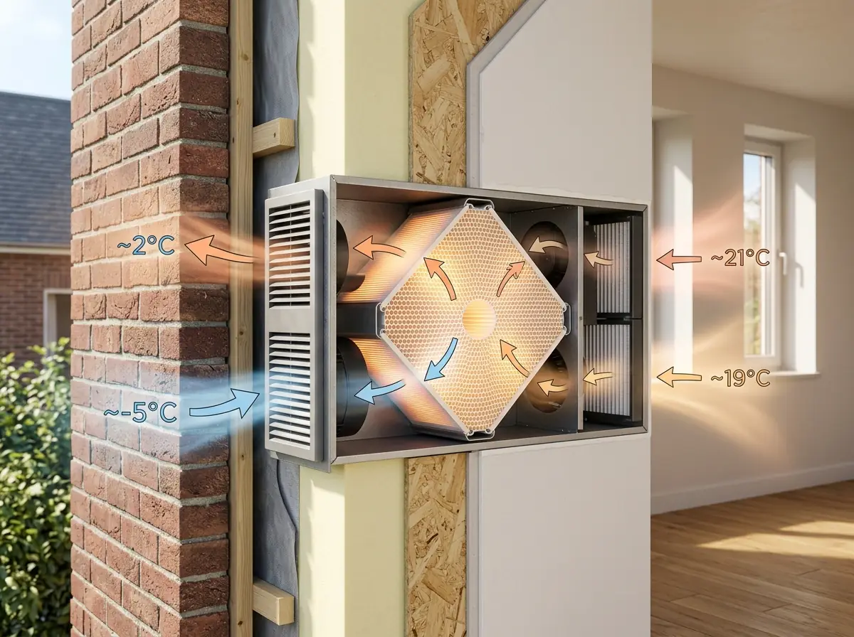 Sección constructiva mostrando transferencia térmica del intercambiador de calor de ventilación mecánica en fachada