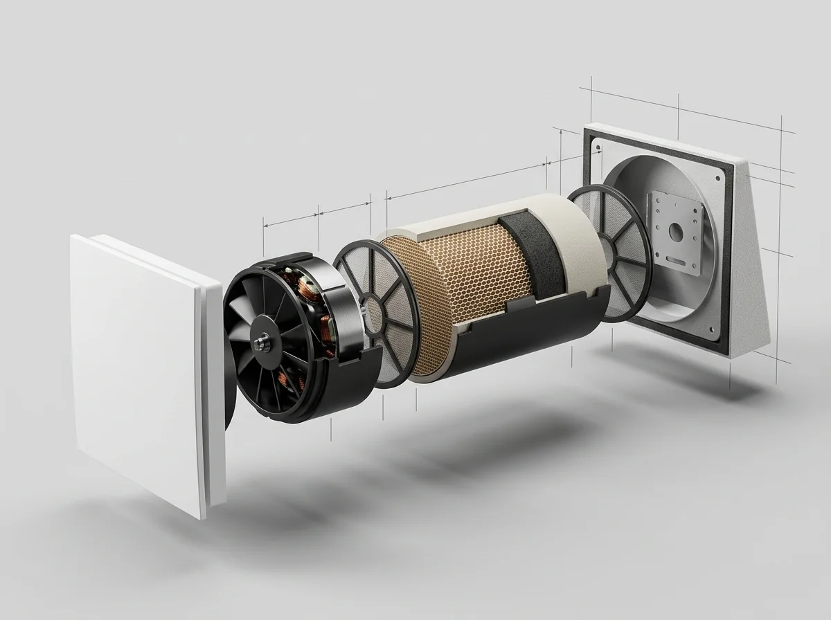 Esquema técnico explosionado de equipo de ventilación mecánica con acumulador cerámico y ventilador reversible